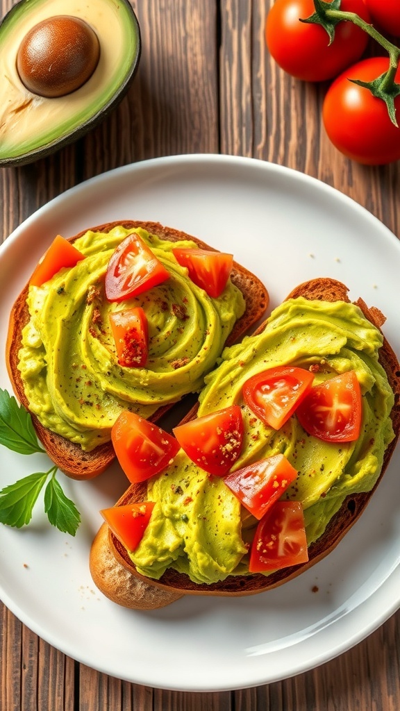 Delicious Avocado Toast Recipe Avocado toast topped with tomatoes and herbs on a wooden plate.